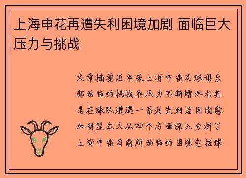 上海申花再遭失利困境加剧 面临巨大压力与挑战