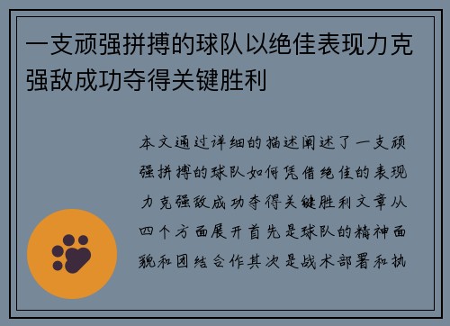 一支顽强拼搏的球队以绝佳表现力克强敌成功夺得关键胜利