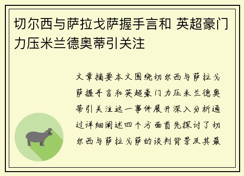 切尔西与萨拉戈萨握手言和 英超豪门力压米兰德奥蒂引关注