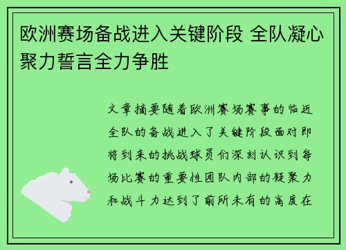 欧洲赛场备战进入关键阶段 全队凝心聚力誓言全力争胜