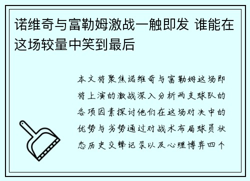 诺维奇与富勒姆激战一触即发 谁能在这场较量中笑到最后